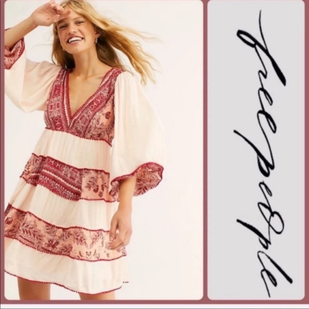 NWT-Free People Peasant-Esque Floral & Mixed Print Tiered Blouson Sleeve Dress
